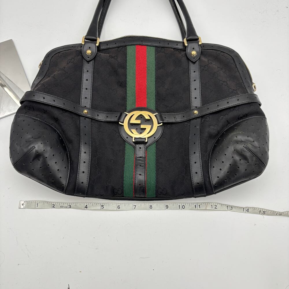 Gucci Black with Green and Red Web Leather Satchel